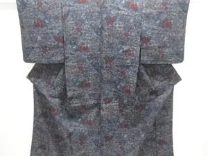 遠山に草花模様織り出し手織り真綿小千谷紬単衣着物